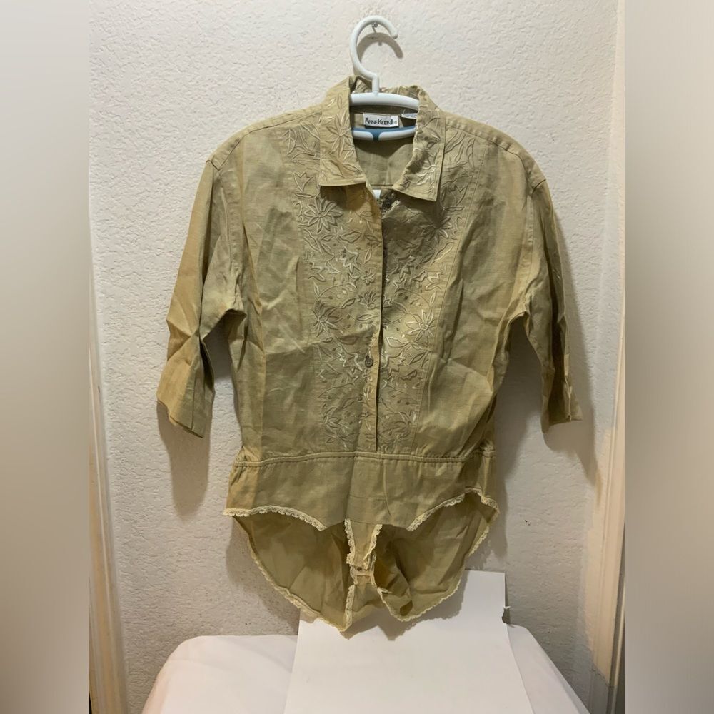Vtg ANNE KLEIN II Beige Linen bodysuit Blouse Embroidered Hong Kong Size 10